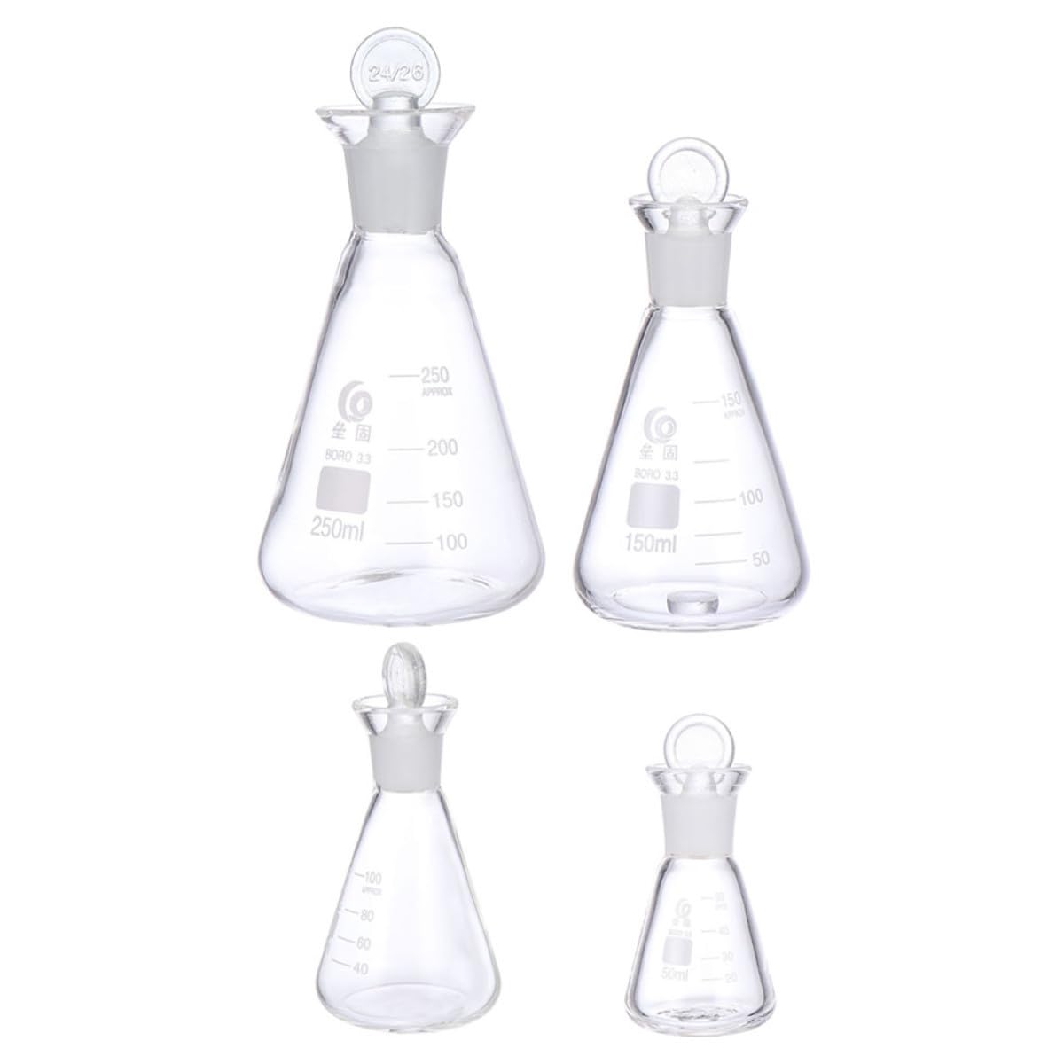 4 Fioles Coniques Graduées en Verre Borosilicaté pour Chimie