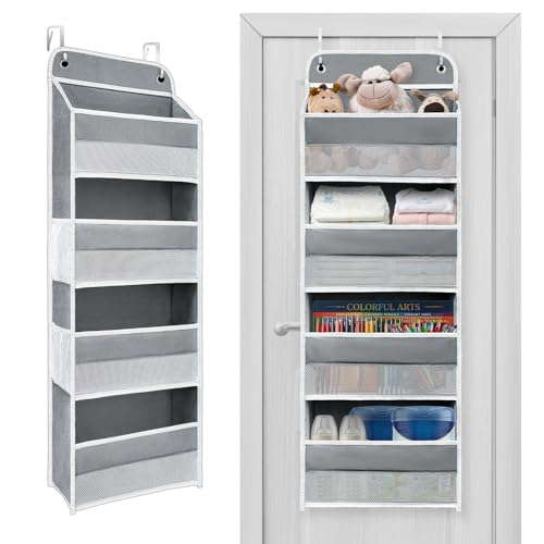 Image of Over The Door Organizer with LifetimeWarranty, 4 Shelves & 4 Side Pockets, Large Storage Rack Holds 44lb, Heavy-Duty Reinforced Mesh Shelf for Bathroom, Closet, Toy Organization, Shoes, Towels, Grey