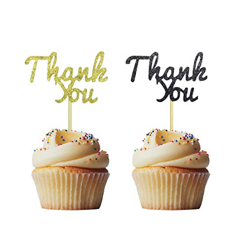 Morndew 24 PCS Black Gold Glitter Thank You Cupcake Toppers for Birthday Anniversary Thanksgiving Day Wedding Bridal Party Decorations
