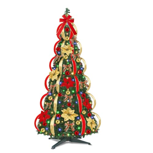 7 Ft Prelit Full Pop Up Christmas Tree, Pop Up Christmas Trees 250 Warm White LED Lights with Remote 8 Lighting Modes & Timer Plug in Collapsible Christmas Trees Outdoor Indoor Party Christmas Decor