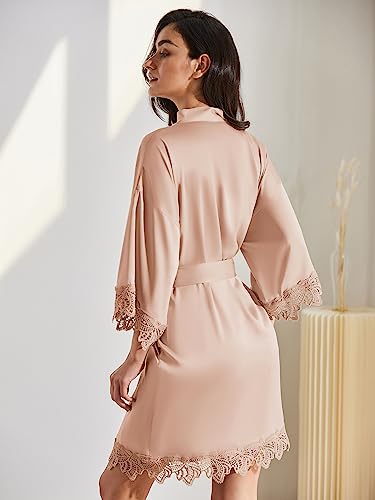 Sioro Women's Silk Satin Lace Trim Embroidery Bathrobe 3/4 Sleeve Bridesmaid Bride Bathrobes For Wedding Party Sleepwear #TOP3