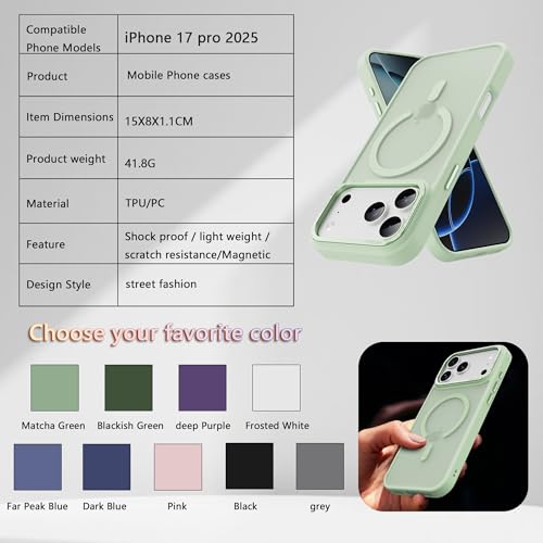 Image of Magnetic for iPhone 17 Pro Phone Case, [Compatible with MagSafe], Screen Protector X1, [Military Grade Drop Protection],Matte Finish,Slim,Shockproof,Protective (Matcha Green, iPhone 17 PRO)