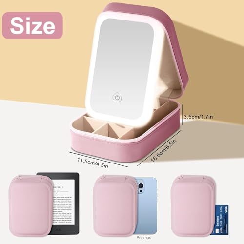 Image of INOVERA (LABEL) Makeup Organizer Bag for Women & Girls - Stylish Compact Faux Leather Vanity Box - Travel Cosmetic Organiser Case with LED Mirror (Pink)