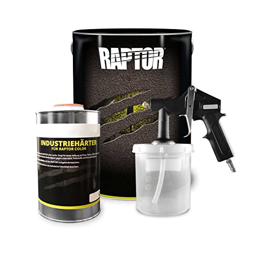 U-POL RAPTOR 2K Lack Gebinde-Set mit Lackierpistole Schwarz (3L Lack + 1L Härter) - uv-beständige strukturierte KFZ, LKW, Boot & Campervan Beschichtung