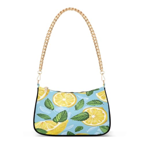 Image of Shoulder Bags for Women Vintage Yellow Lemon Fruit and Blue Print Hobo Tote Handbag Small Clutch Purse with Zipper Closure
