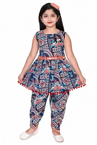 Image of Girls Ethnic Kurti and Dhoti Pant Set - Sleeveless Printed Outfit with Pom-Pom Hem | Dress for Kids