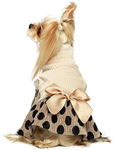 Fitwarm Vintage Polka Dot Dog Dress Lightweight Velvet Girl Puppy Clothes Turtleneck One-Piece with Bowknot Pet Clothes for Birthday Party Doggy Gown Doggie Outfits Cat Apparel Khaki Medium