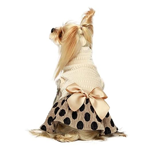 Fitwarm Vintage Polka Dot Dog Dress Lightweight Velvet Girl Puppy Clothes Turtleneck One-Piece with Bowknot Pet Clothes for Birthday Party Doggy Gown Doggie Outfits Cat Apparel Khaki Medium