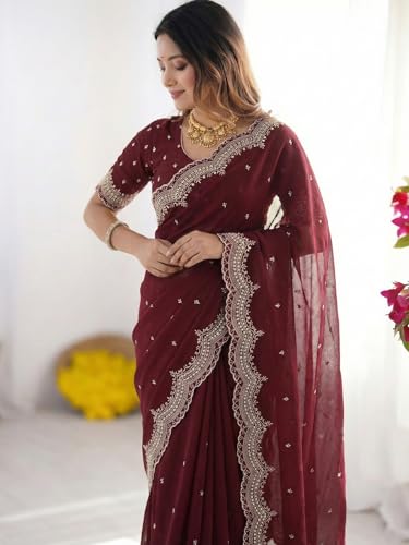 Image of SIRIL Women's Shimmer Georgette Scalloped Border Sequins Embroidery Saree with Unstitched Blouse Piece