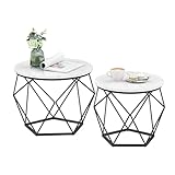 Relaxdays Couchtisch, 2er Set, Marmoroptik & Metall, Vintage-Design, runde Beistelltische, Wohnzimmer, weiß/schwarz