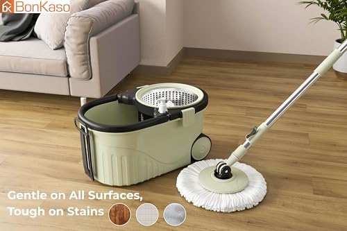 Image of Bonkaso Spin Mop with Stainless Steel Wringer & Big Wheels | 360 Rotating Mop, Adjustable Handle | Easy Floor Cleaning Bucket Set with 2 Microfiber Refills - Mint Green & Black (46 x 26.5 x 23 cm)