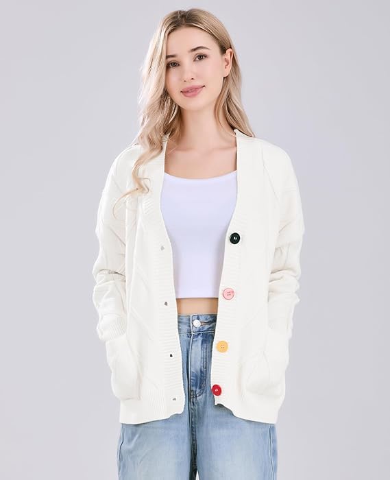 Image of utcoco Womens Open Front Cardigan Cable Knit Long Sleeve Button Down Embroidery Cardigan Sweaters