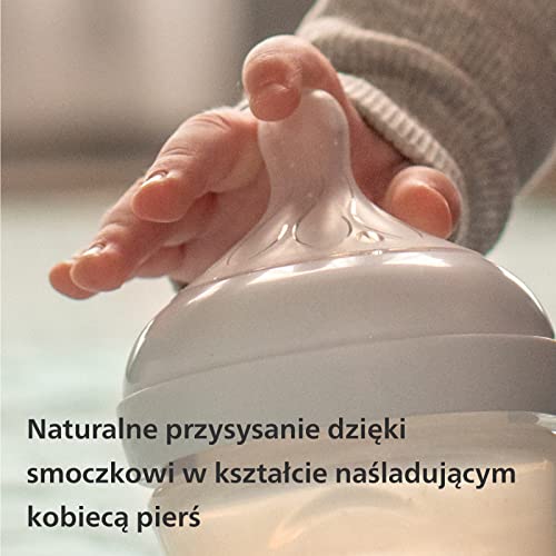 Philips Avent Zestaw butelek Natural z Responsywnym smoczkiem dla noworodków—4 butelki dla niemowląt, 2 smoczki, smoczek Ultra Soft i szczotka do butelek, wiek: 0–12 miesięcyi (model SCD838/13)