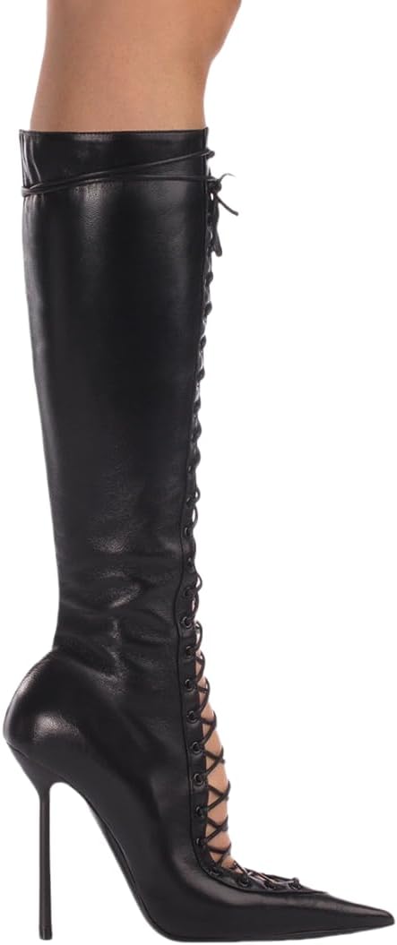 Saint Leia Women's Knee High Boots Pointed Toe Lace Up Stiletto Heel Fashion Elegant Long Boots