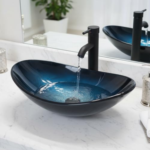 YU YUSING Ensemble Complet- Lavabo de Salle de Bain en Verre Ovale, Vasque à Poser Moderne, Verre Trempé 12mm, Évier Suspendu Design Bleu Nuit avec Robinet Inclus, Déco Luxe, WC (53x35x15.5cm)