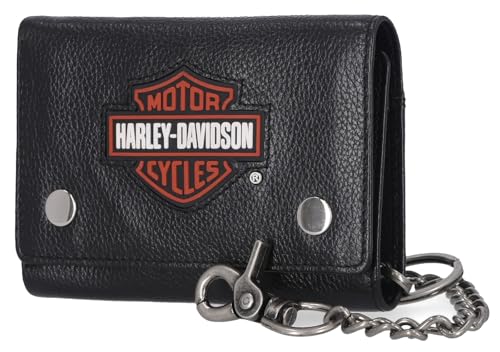 Harley-Davidson Men's Bar & Shield Patch Tri-Fold Chain Leather Wallet - Black