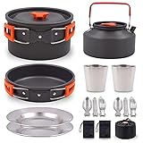 【All-in-One-Kochset】 Dieses outdoor geschirr set enthält: Topf x2, Wasserkocher x1, Pfanne x2, Geschirraufbewahrungstasche (einschließlich Klappmesser, Löffel und Gabel) x2, Edelstahlbecher x2, Aufbewahrungstasche x1, geeignet für 2-4 Person verwenden.