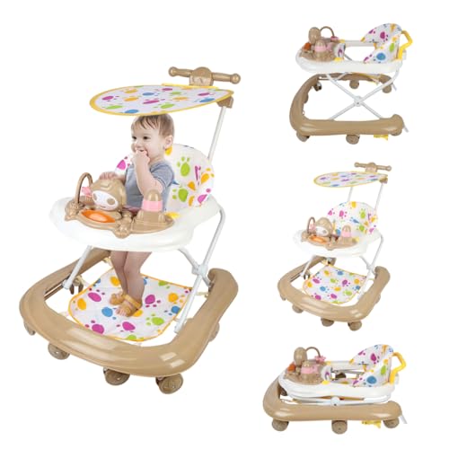 Homewell 3in1 Lauflernhilfe klappbare, Perlenschiebespielzeug, Höhenverstellbar, Lauflernwagen mit Esstablett & hoher Rückenlehne & Schiebegriff, Laufhilfe für Kinder ab 6 Monaten (Khaki)