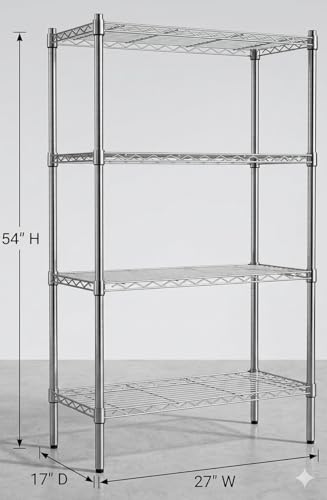 Image of Premium Heavy-Duty 4-Tier Chrome Metal Wire Storage Rack Shelf Organizer | Adjustable Multipurpose Freestanding Shelving Unit for Home, Office, Kitchen | Size 17 inch D x 27 inch W x 54 inch H Inch