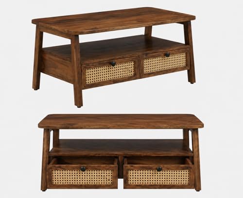 Image of Sheesham Wood Rectangular Cane Center Coffee Table for Living Room | Centre Table with 4 Drawer & Shelf Storage for Home, Office & Draweing Room | Brown Finish