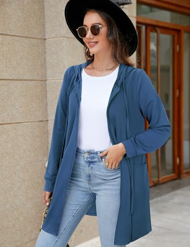 Flikity Long Hoodies for Women UK, Zip up Long Length Hooded Cardigan Women Long Sleeve Tops to Wear with Leggings Ladies Lightweight Summer Jackets Work Clothes Blue L - Image 3