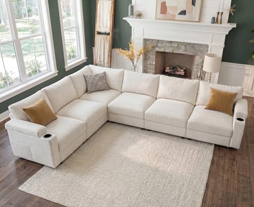 Image of Sectional Couches for Living Room FSC Certified Chenille Modular Couch Oversized Cloud U Shaped Convertible Sleeper Sofa Chaise Detachable Armrest Cushion (Chenille Beige, L Shape 6 Seat)