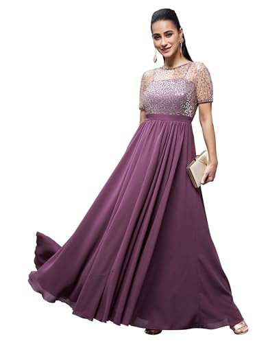 Image of Miss Chase Women's Round Neck Sleeve Embellished Fit Flare Maxi Dress