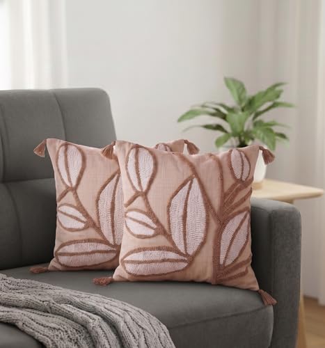 Image of Furnistitchs Handmade Cotton Bohemian Home Decor Cushion Cover 24x24 inches / 60x60 cms - Boho Chic Couch Sofa Throw Living Room Bedroom Cushions (2, Brown Leaves)