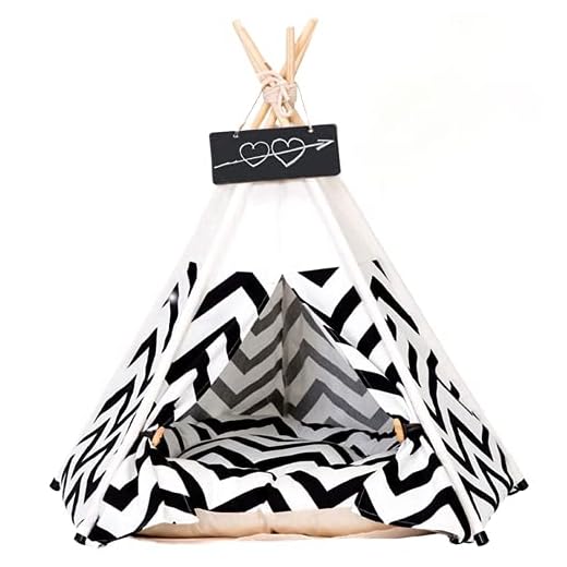 Pet Teepee Pet Tent for Dogs Puppy Cat Bed White Canvas Dog Cute House Pet Teepee with Cushion 24inch Indoor Outdoor (White&Black)