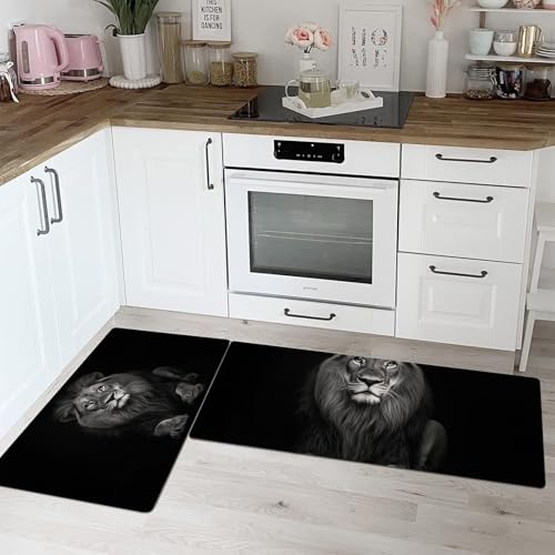 Alfombras de cocina antideslizantes con diseño de león en blanco y negro 4