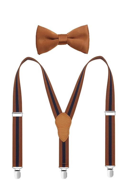 JRHEJTFZ Suspenders and Bow Tie for Boys Set Adjustable Elastic with 3 Metal Clips Brown Stripes 30
