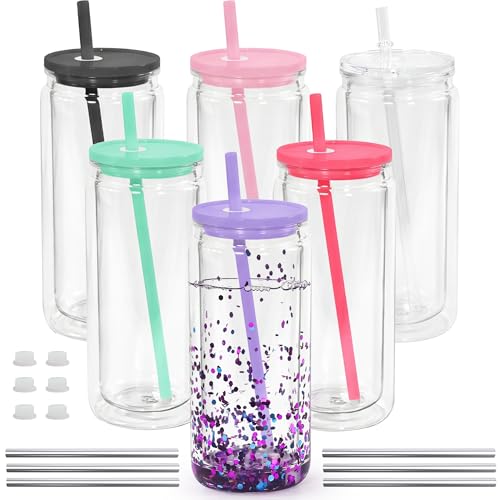 Icesip 20oz Plastic Snow Globe Tumblers, 6 Pack Acrylic Double Wall Tumbler with Lids and Straws, Acrylic Snowglobe Cups with Pre Drilled Hole for Snow Globe Glitter DIY