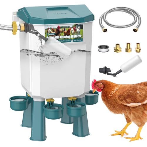 CHAMUTY Hühnertränke Tränke Hühner 7 Liter mit 4 Wassernäpfe, Automatische Geflügeltränke für Geflügel Mit 1,5m Wasserleitung, Schwimmerventil, Hühnerzubehör, Bruchfester langlebiger Kunststoff