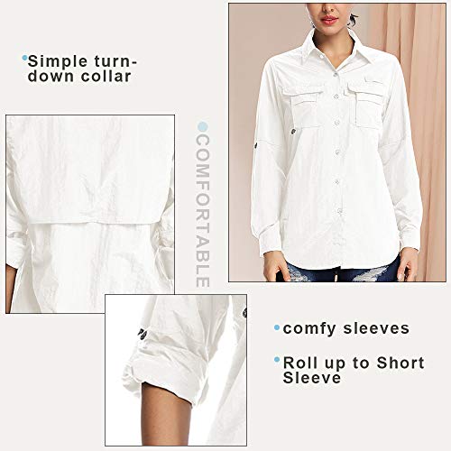 Women's Quick Dry Sun UV Protection Convertible Long Sleeve Shirts for Hiking Camping Fishing Sailing,5055,White,XXL