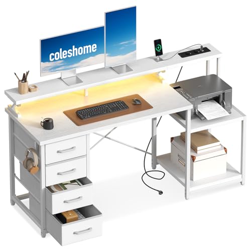 Coleshome Escritorio con 4 Cajones de Tela, Escritorio Gaming con Soporte para Pantalla y Luces LED, Mesa Escritorio Reversible con Toma de Corriente, Oficina en Casa, Blanco, 140x48cm