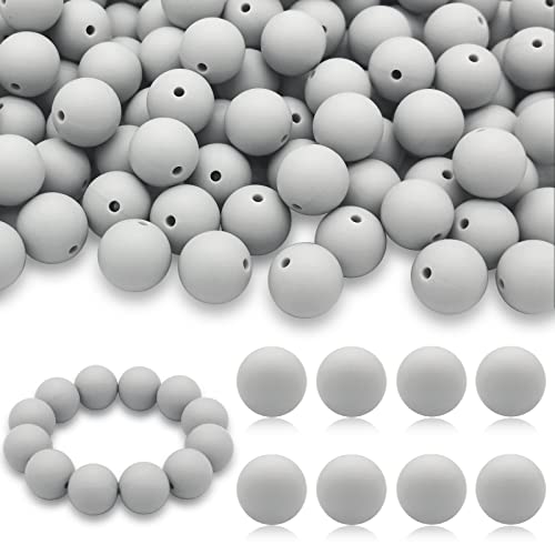 DIYOMR 100 Stück Silikon-runde Perlen, 12 mm/15 mm, einfarbige Serie, lose Gummiperlen, Halskette, Armband, Silikonperlen, DIY, Basteln (15 mm, hellgrau)