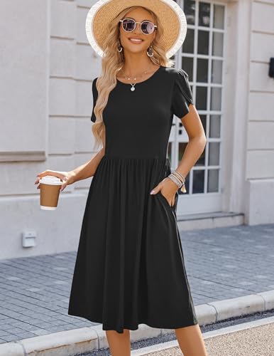 Image of HOTOUCH Women's Summer A-Line Midi Dresses 2026 Casual Floral Short Sleeve T-Shirt Dress Flowy Beach Sundress with Pockets