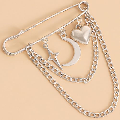 Image of Punk Gold Silver Star Moon Tassel Chain Brooch Sweater Shawl Clips Collar Pin for Women Safety Chain Tassel Broochs