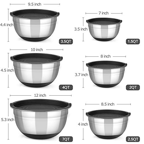 Mixing Bowls With Airtight Lids, 12PCS Stainless Steel Nesting Mixing Bowl Set - 1.5/ 2 /2.5 /3.5 /4 / 7 Quart With Non-Slip Silicone Base for Mixing & Serving & Food Storage