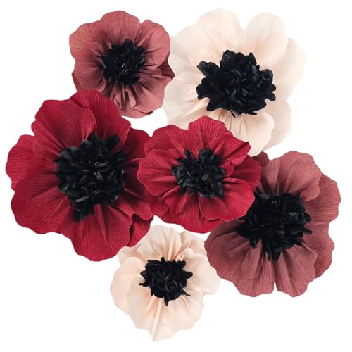 Mybbshower Large Crepe Paper Poppy Flowers - 6 Pack Burgundy-Dusty Rose-Blush Hanging Paper Flower Decorations for Wedding Arch, Nursery Wall, Party Photo Booth Backdrop