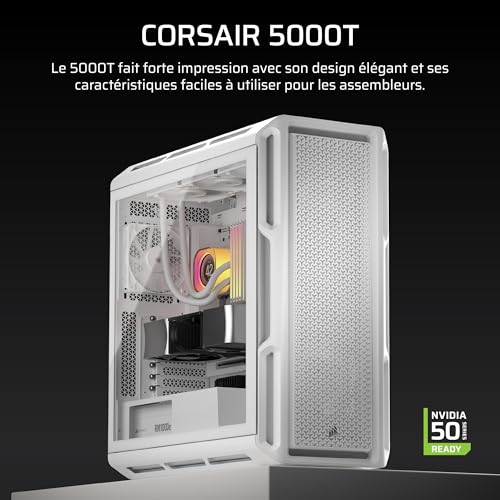 Corsair 5000T Boîtier PC ATX de Taille Moyenne – Panneaux Amovibles de Circulation d'air à l'avant et sur Le Toit, Intérieur Spacieux, ASUS BTF, MSI Project Zero, Gigabyte Project Stealth – Blanc