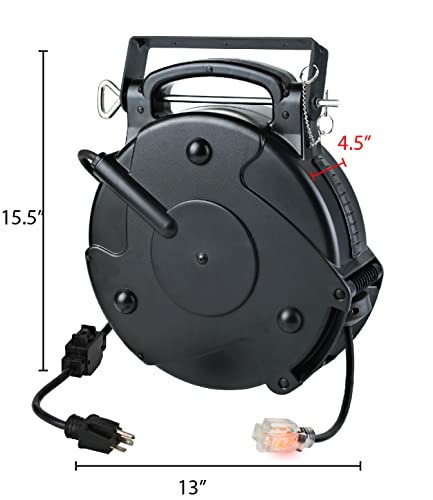 Alert ProReel Professional Grade ProReel 8645TFI Heavy Duty Retractable Extension Cord Reel | 45 Foot 12/3 SJTOW 20 Amp Single Tap Industrial Cord | Clear 5-15R/20R Receptacle with Power On Indicator - Thumbnail 2