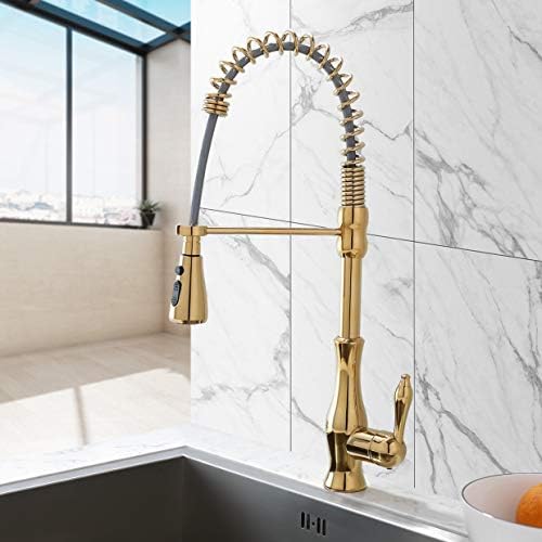 Lovedima Modern Gold Kitchen Faucet with Pull Down Sprayer, High Arc Single Handle Swiveling Kitchen Sink Faucet Lead-Free Solid Brass Kitchen Faucet (Gold)