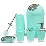 Bathroom Accessories Set of 6 Plastic Bathroom Accessories Toothbrush Holder, Flush Cup, Soap Hand Sanitizer Bottle, Trash Can, Toilet Brush with Stand (Mint)