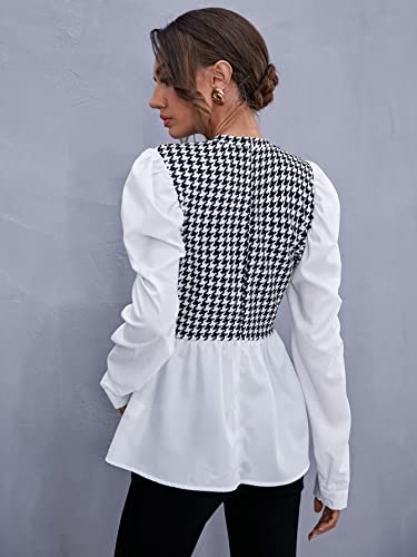 Floerns Women's Houndstooth Gigot Long Sleeve Ruffle Hem Peplum Tunic Shirts Black And White L #TOP1
