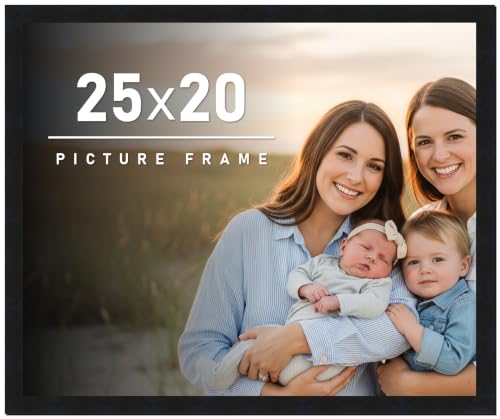 25x20 Frame Black Picture Frame - Complete Modern Photo Frame Includes UV Acrylic Shatter Guard Front, Acid Free Foam Backing Board, Hanging Hardware Wood Wall Frames for Family Photos - no Mat