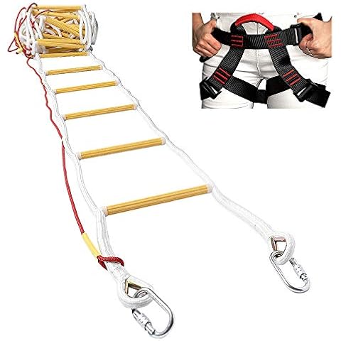 ISOP Emergency Fire Escape Rope Ladder for 3 - 4 Story Homes 32 ft (10 m) Safety Ladders with Carabiners & Safety Harness - Patented Cover