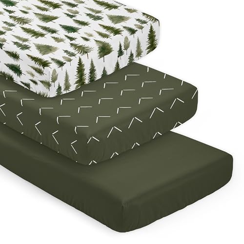 Image of Sweet Jojo Designs 3-Piece Baby Crib Sheets Set (Woodland Pinetrees) for Boys, Infant Nursery, Toddler Room - Fitted, Standard Size (Green & White Arrow Geometric, Solid Hunter & Forest Themed, Trees)