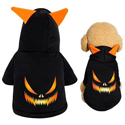 Halloween Dog Costume Pet Puppy Outfits Printed with Evil Pumkin Face Doggie Winter Clothes Sweatshirt Hooded Coat Cat Jumpsuits for Halloween Costume Cosplay Carnival Photography (Small, Black) Cover