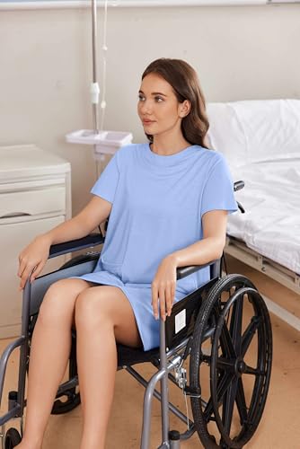 Deyeek Open Back Hospital Gowns for Women Tear Away Short Sleeve Post Surgery Soft Nightgowns for Elderly Women with Pocket Light Blue - Thumbnail 2